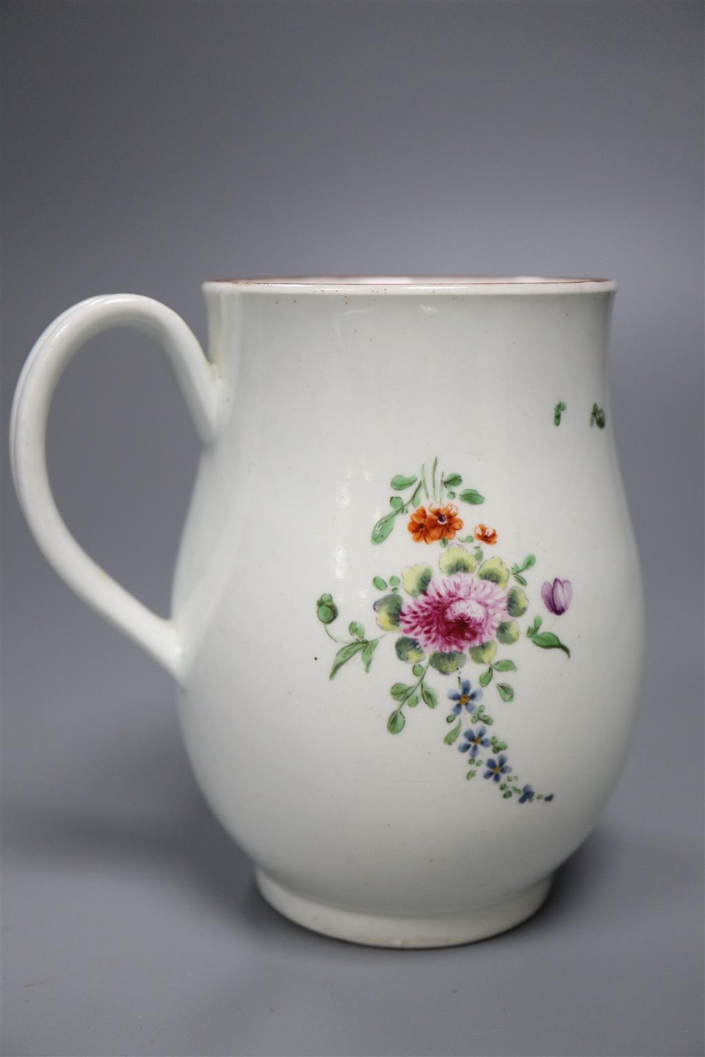 A Worcester bell-shaped mug, c.1760, painted with floral sprays, 12cm, ex Sir Jeremy Levy collection label